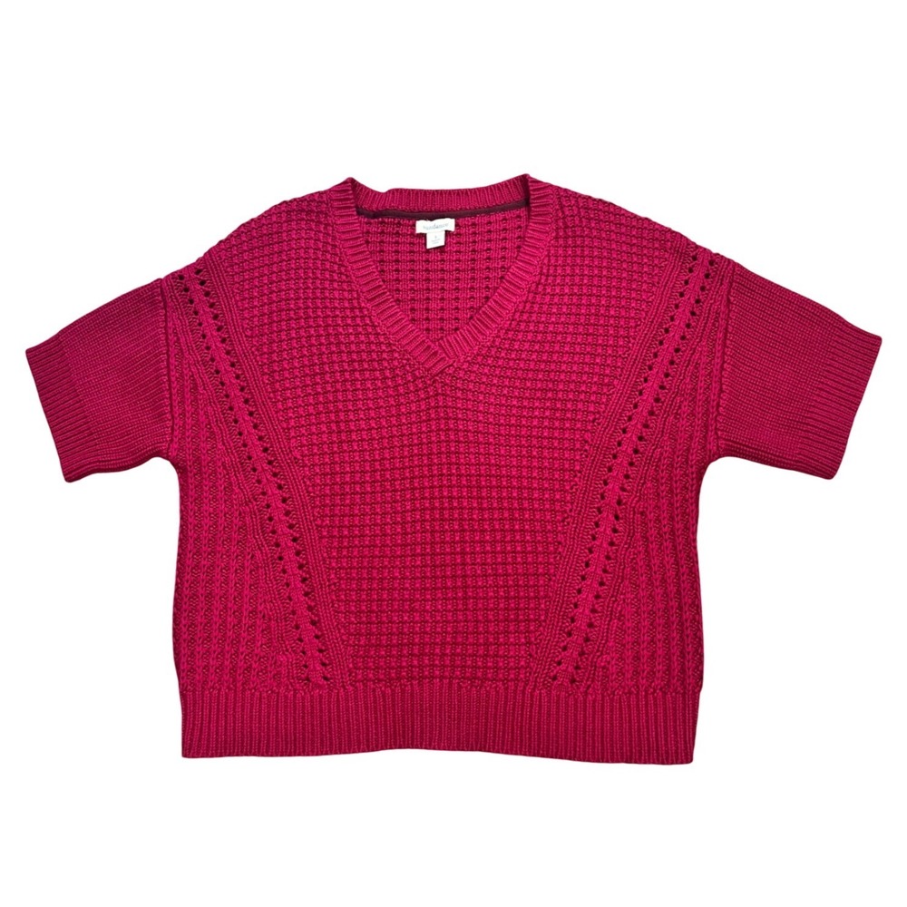 Sundance Short Sleeve V Neck‎ Textured Knit Sweater Magenta Pink Size S Cotton
